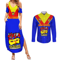 Papua New Guinea Rugby Couples Matching Summer Maxi Dress and Long Sleeve Button Shirts Hela Wigmen PNG Polynesian Pattern LT14 Blue - Polynesian Pride