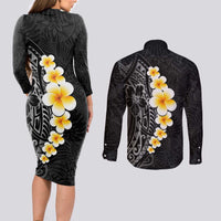 Black Tropical Plumeria With Galaxy Polynesian Art Couples Matching Long Sleeve Bodycon Dress and Long Sleeve Button Shirt LT14 - Polynesian Pride