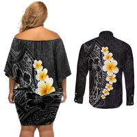Black Tropical Plumeria With Galaxy Polynesian Art Couples Matching Off Shoulder Short Dress and Long Sleeve Button Shirt LT14 - Polynesian Pride