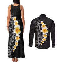 Black Tropical Plumeria With Galaxy Polynesian Art Couples Matching Tank Maxi Dress and Long Sleeve Button Shirt LT14 - Polynesian Pride