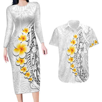 White Tropical Plumeria With Galaxy Polynesian Art Couples Matching Long Sleeve Bodycon Dress and Hawaiian Shirt LT14 White - Polynesian Pride