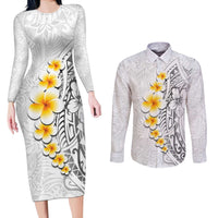 White Tropical Plumeria With Galaxy Polynesian Art Couples Matching Long Sleeve Bodycon Dress and Long Sleeve Button Shirt LT14 White - Polynesian Pride