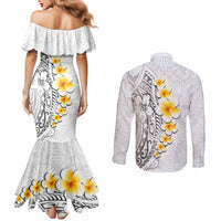 White Tropical Plumeria With Galaxy Polynesian Art Couples Matching Mermaid Dress and Long Sleeve Button Shirt LT14 - Polynesian Pride