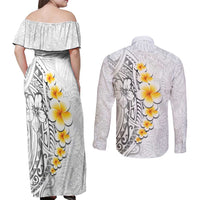 White Tropical Plumeria With Galaxy Polynesian Art Couples Matching Off Shoulder Maxi Dress and Long Sleeve Button Shirt