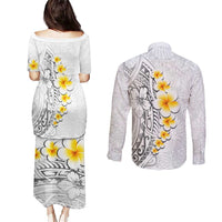 White Tropical Plumeria With Galaxy Polynesian Art Couples Matching Puletasi and Long Sleeve Button Shirt
