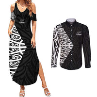 New Zealand Silver Fern Rugby Custom Couples Matching Summer Maxi Dress and Long Sleeve Button Shirt Maori Koru Go Black Fern - Polynesian Pride