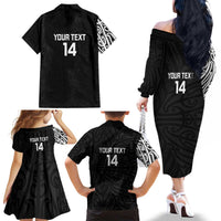 New Zealand Silver Fern Rugby Custom Family Matching Off The Shoulder Long Sleeve Dress and Hawaiian Shirt Maori Koru Go Black Fern - Polynesian Pride