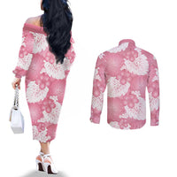 Pink Aloha Hawaii Couples Matching Off The Shoulder Long Sleeve Dress and Long Sleeve Button Shirt Monstera Hibiscus Plumeria Seamless Vibes - Polynesian Pride