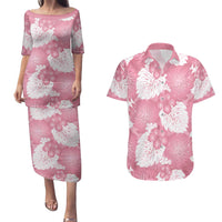 Pink Aloha Hawaii Couples Matching Puletasi and Hawaiian Shirt Monstera Hibiscus Plumeria Seamless Vibes - Polynesian Pride