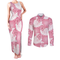 Pink Aloha Hawaii Couples Matching Tank Maxi Dress and Long Sleeve Button Shirt Monstera Hibiscus Plumeria Seamless Vibes - Polynesian Pride