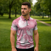 Pink Aloha Hawaii Zipper Polo Shirt Monstera Hibiscus Plumeria Seamless Vibes - Polynesian Pride