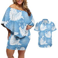 Blue Aloha Hawaii Couples Matching Off Shoulder Short Dress and Hawaiian Shirt Monstera Hibiscus Plumeria Seamless Vibes - Polynesian Pride