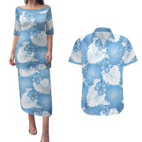 Blue Aloha Hawaii Couples Matching Puletasi and Hawaiian Shirt Monstera Hibiscus Plumeria Seamless Vibes - Polynesian Pride