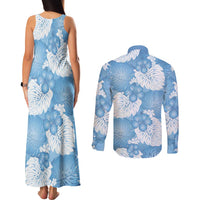 Blue Aloha Hawaii Couples Matching Tank Maxi Dress and Long Sleeve Button Shirt Monstera Hibiscus Plumeria Seamless Vibes - Polynesian Pride