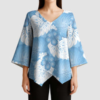 Blue Aloha Hawaii Kimono Sleeve Blouse Monstera Hibiscus Plumeria Seamless Vibes - Polynesian Pride