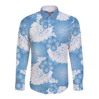 Blue Aloha Hawaii Long Sleeve Button Shirt Monstera Hibiscus Plumeria Seamless Vibes - Polynesian Pride
