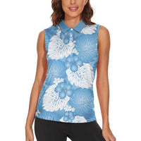 Blue Aloha Hawaii Women Sleeveless Polo Shirt Monstera Hibiscus Plumeria Seamless Vibes - Polynesian Pride