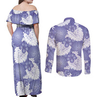 Purple Aloha Hawaii Couples Matching Off Shoulder Maxi Dress and Long Sleeve Button Shirt Monstera Hibiscus Plumeria Seamless Vibes - Polynesian Pride
