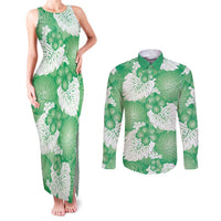 Green Aloha Hawaii Couples Matching Tank Maxi Dress and Long Sleeve Button Shirt Monstera Hibiscus Plumeria Seamless Vibes - Polynesian Pride