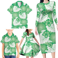 Green Aloha Hawaii Family Matching Long Sleeve Bodycon Dress and Hawaiian Shirt Monstera Hibiscus Plumeria Seamless Vibes - Polynesian Pride
