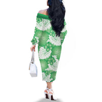 Green Aloha Hawaii Family Matching Off The Shoulder Long Sleeve Dress and Hawaiian Shirt Monstera Hibiscus Plumeria Seamless Vibes - Polynesian Pride