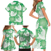 Green Aloha Hawaii Family Matching Short Sleeve Bodycon Dress and Hawaiian Shirt Monstera Hibiscus Plumeria Seamless Vibes - Polynesian Pride