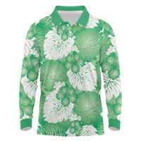 Green Aloha Hawaii Long Sleeve Polo Shirt Monstera Hibiscus Plumeria Seamless Vibes - Polynesian Pride