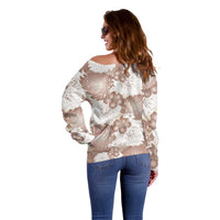 Mocha Mousse Aloha Hawaii Off Shoulder Sweater Monstera Hibiscus Plumeria Seamless Vibes - Polynesian Pride