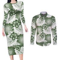 Sage Green Aloha Hawaii Couples Matching Long Sleeve Bodycon Dress and Long Sleeve Button Shirt Monstera Hibiscus Plumeria Seamless Vibes - Polynesian Pride