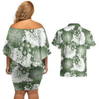 Sage Green Aloha Hawaii Couples Matching Off Shoulder Short Dress and Hawaiian Shirt Monstera Hibiscus Plumeria Seamless Vibes - Polynesian Pride