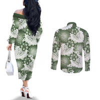 Sage Green Aloha Hawaii Couples Matching Off The Shoulder Long Sleeve Dress and Long Sleeve Button Shirt Monstera Hibiscus Plumeria Seamless Vibes - Polynesian Pride