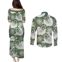 Sage Green Aloha Hawaii Couples Matching Puletasi and Long Sleeve Button Shirt Monstera Hibiscus Plumeria Seamless Vibes - Polynesian Pride