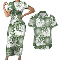 Sage Green Aloha Hawaii Couples Matching Short Sleeve Bodycon Dress and Hawaiian Shirt Monstera Hibiscus Plumeria Seamless Vibes - Polynesian Pride