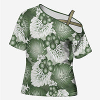 Sage Green Aloha Hawaii Cross Shoulder Shirt Monstera Hibiscus Plumeria Seamless Vibes - Polynesian Pride