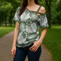 Sage Green Aloha Hawaii Cross Shoulder Shirt Monstera Hibiscus Plumeria Seamless Vibes - Polynesian Pride