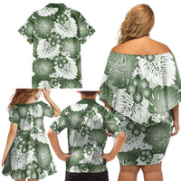 Sage Green Aloha Hawaii Family Matching Off Shoulder Short Dress and Hawaiian Shirt Monstera Hibiscus Plumeria Seamless Vibes - Polynesian Pride