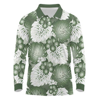 Sage Green Aloha Hawaii Long Sleeve Polo Shirt Monstera Hibiscus Plumeria Seamless Vibes - Polynesian Pride