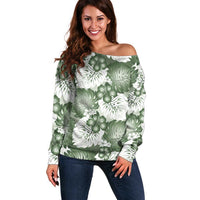 Sage Green Aloha Hawaii Off Shoulder Sweater Monstera Hibiscus Plumeria Seamless Vibes - Polynesian Pride