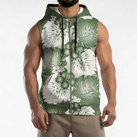Sage Green Aloha Hawaii Sleeveless Zip Hoodie Monstera Hibiscus Plumeria Seamless Vibes - Polynesian Pride