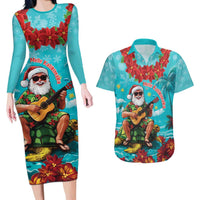 Hawaii Christmas Couples Matching Long Sleeve Bodycon Dress and Hawaiian Shirt Mele Kalikimaka Poinsettia Lei - Cyan LT14 Cyan - Polynesian Pride