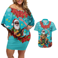 Hawaii Christmas Couples Matching Off Shoulder Short Dress and Hawaiian Shirt Mele Kalikimaka Poinsettia Lei - Cyan LT14 Cyan - Polynesian Pride