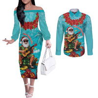 Hawaii Christmas Couples Matching Off The Shoulder Long Sleeve Dress and Long Sleeve Button Shirt Mele Kalikimaka Poinsettia Lei - Cyan LT14 Cyan - Polynesian Pride