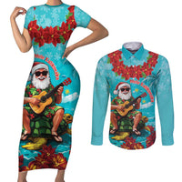 Hawaii Christmas Couples Matching Short Sleeve Bodycon Dress and Long Sleeve Button Shirt Mele Kalikimaka Poinsettia Lei - Cyan LT14 Cyan - Polynesian Pride