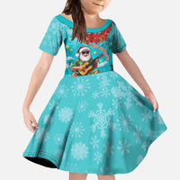Hawaii Christmas Family Matching Long Sleeve Bodycon Dress and Hawaiian Shirt Mele Kalikimaka Poinsettia Lei - Cyan LT14 Daughter's Dress Cyan - Polynesian Pride