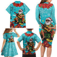 Hawaii Christmas Family Matching Long Sleeve Bodycon Dress and Hawaiian Shirt Mele Kalikimaka Poinsettia Lei - Cyan LT14 - Polynesian Pride