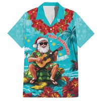 Hawaii Christmas Family Matching Off Shoulder Maxi Dress and Hawaiian Shirt Mele Kalikimaka Poinsettia Lei - Cyan LT14 Dad's Shirt - Short Sleeve Cyan - Polynesian Pride