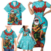 Hawaii Christmas Family Matching Short Sleeve Bodycon Dress and Hawaiian Shirt Mele Kalikimaka Poinsettia Lei - Cyan LT14 - Polynesian Pride