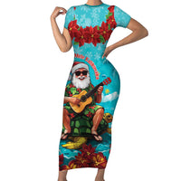 Hawaii Christmas Family Matching Short Sleeve Bodycon Dress and Hawaiian Shirt Mele Kalikimaka Poinsettia Lei - Cyan LT14 Mom's Dress Cyan - Polynesian Pride
