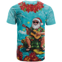 Hawaii Christmas T Shirt Mele Kalikimaka Poinsettia Lei - Cyan