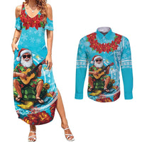 Hawaii Christmas Couples Matching Summer Maxi Dress and Long Sleeve Button Shirt Mele Kalikimaka Poinsettia Lei Polynesian - Blue LT14 Blue - Polynesian Pride